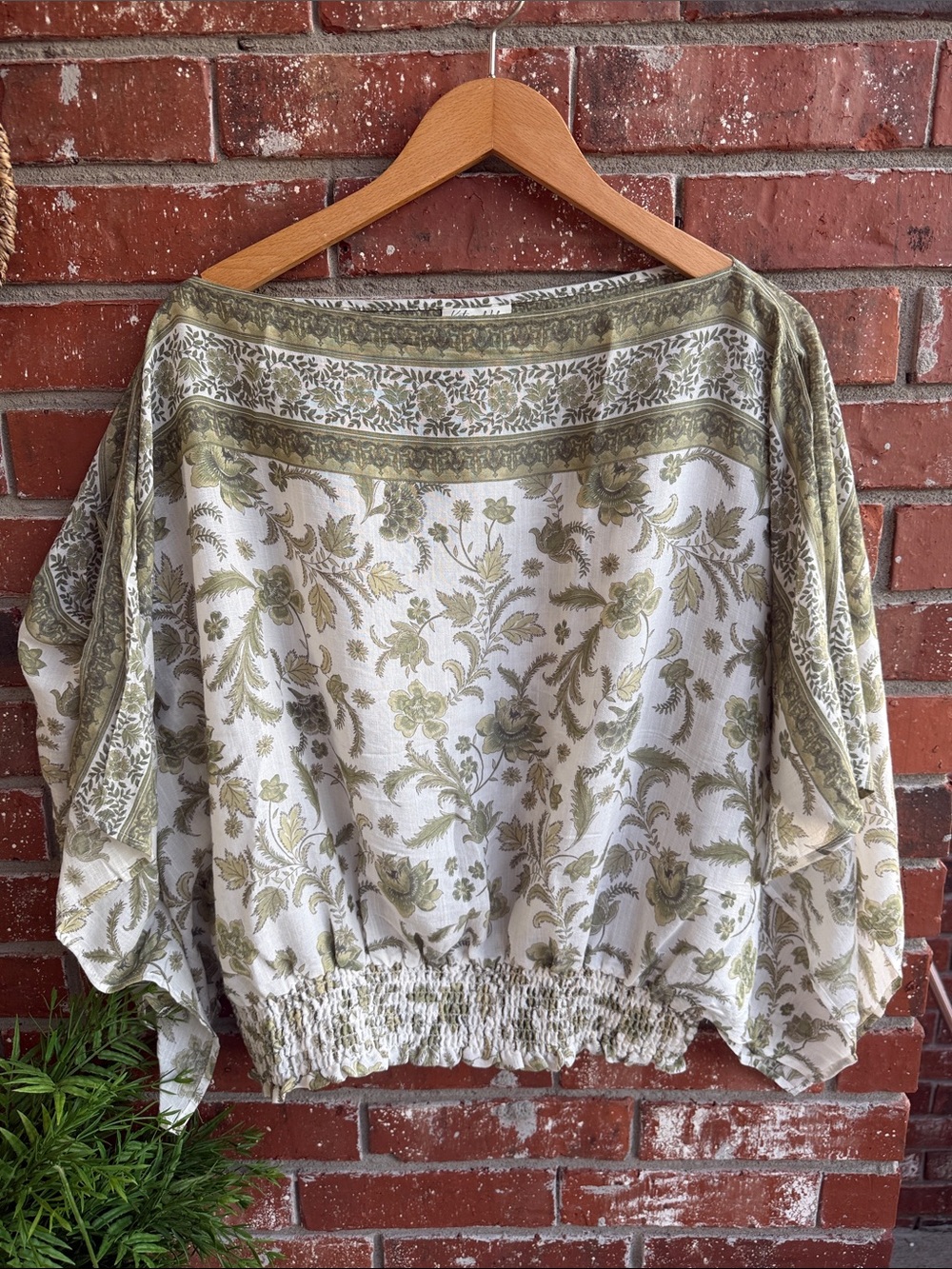 Floral Border Print Smocked-Hem Tunic in Sage and Cream